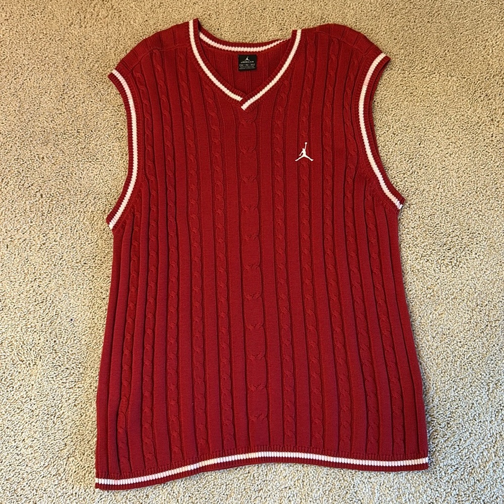 Jordan Red Cable-Knit Sleeveless Vest with White Trim